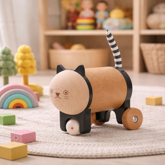 wooden kitten on wheels – wicker toy for kids from