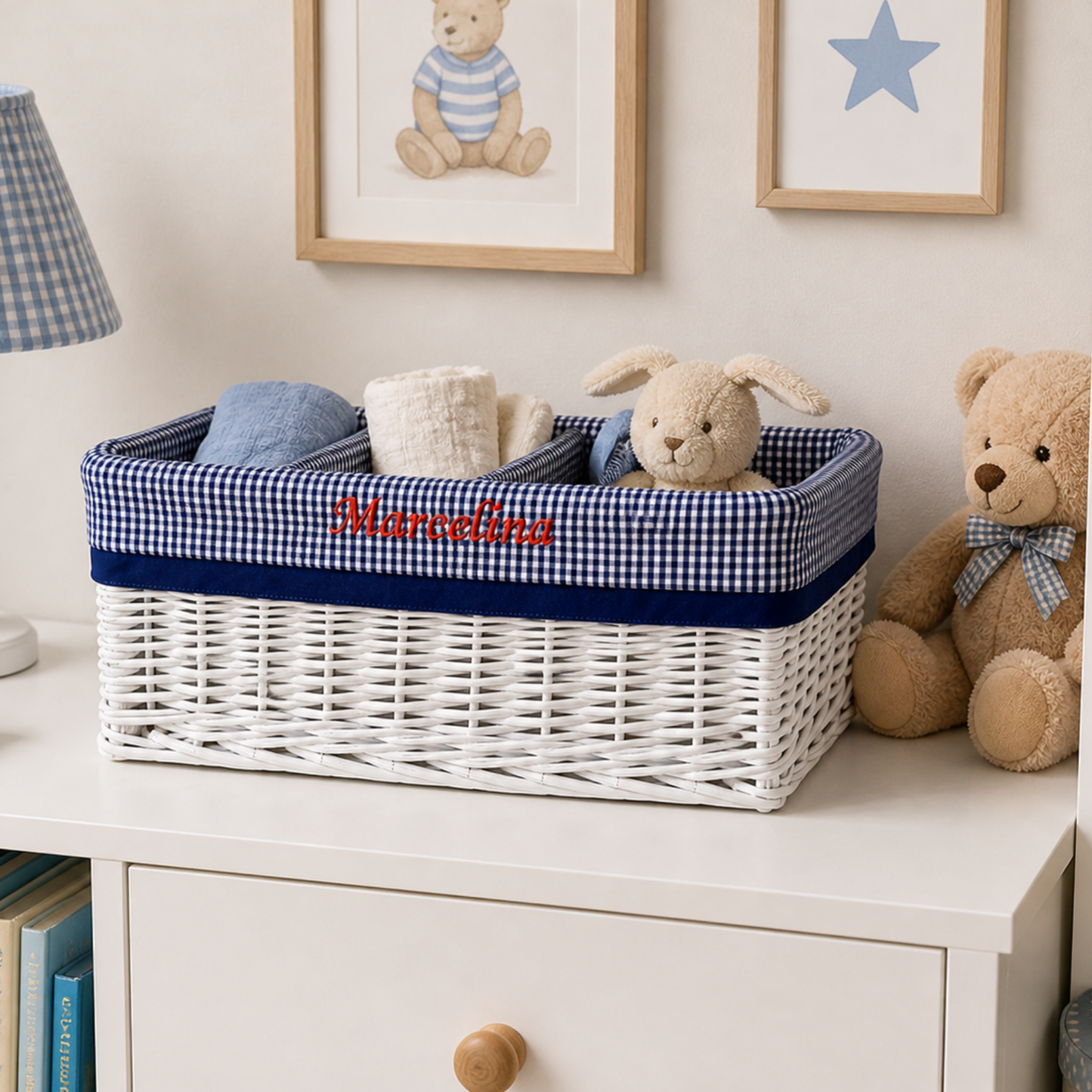 Novinus wicker organizer basket with navy trim TheWickerStories