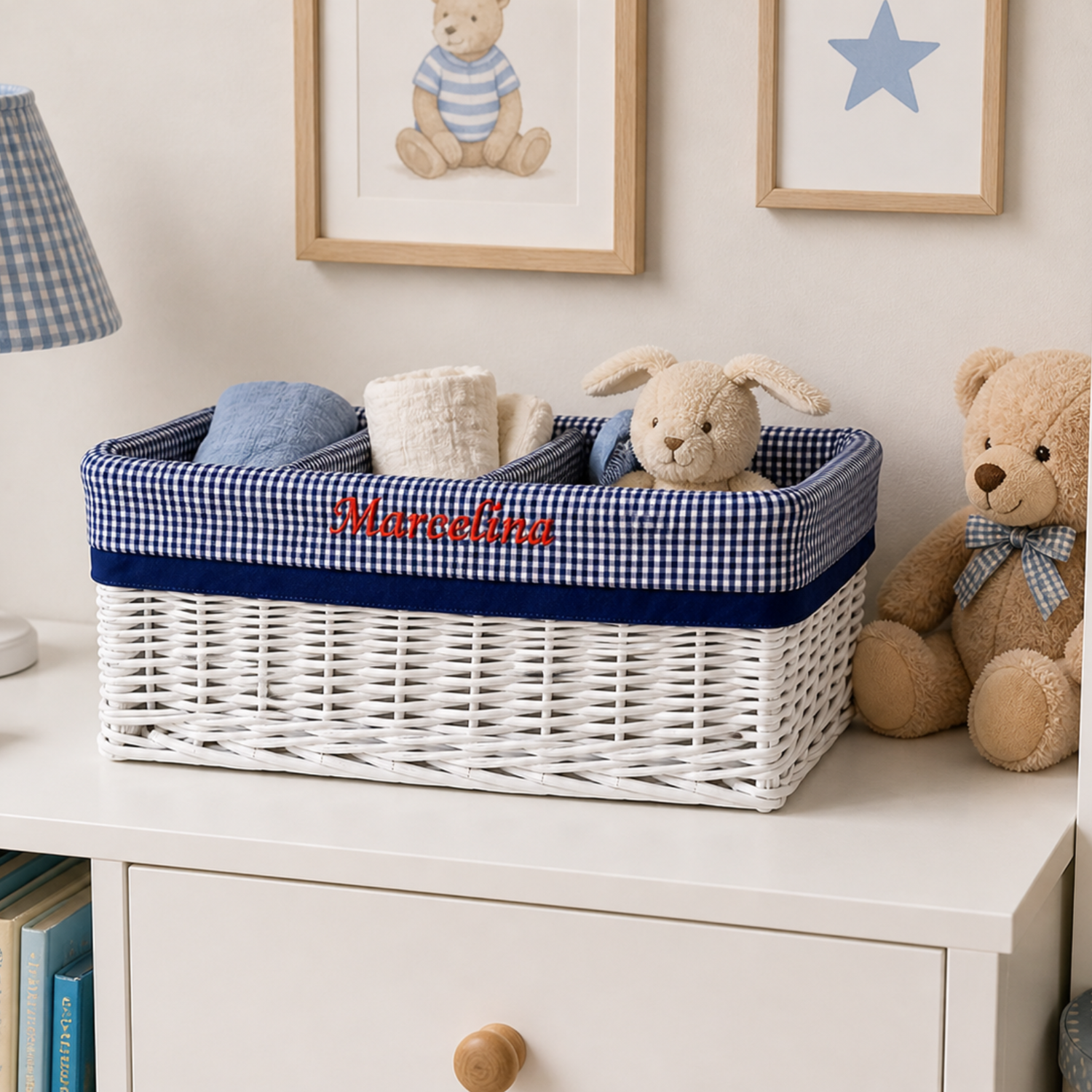 wicker organizer basket with navy trim