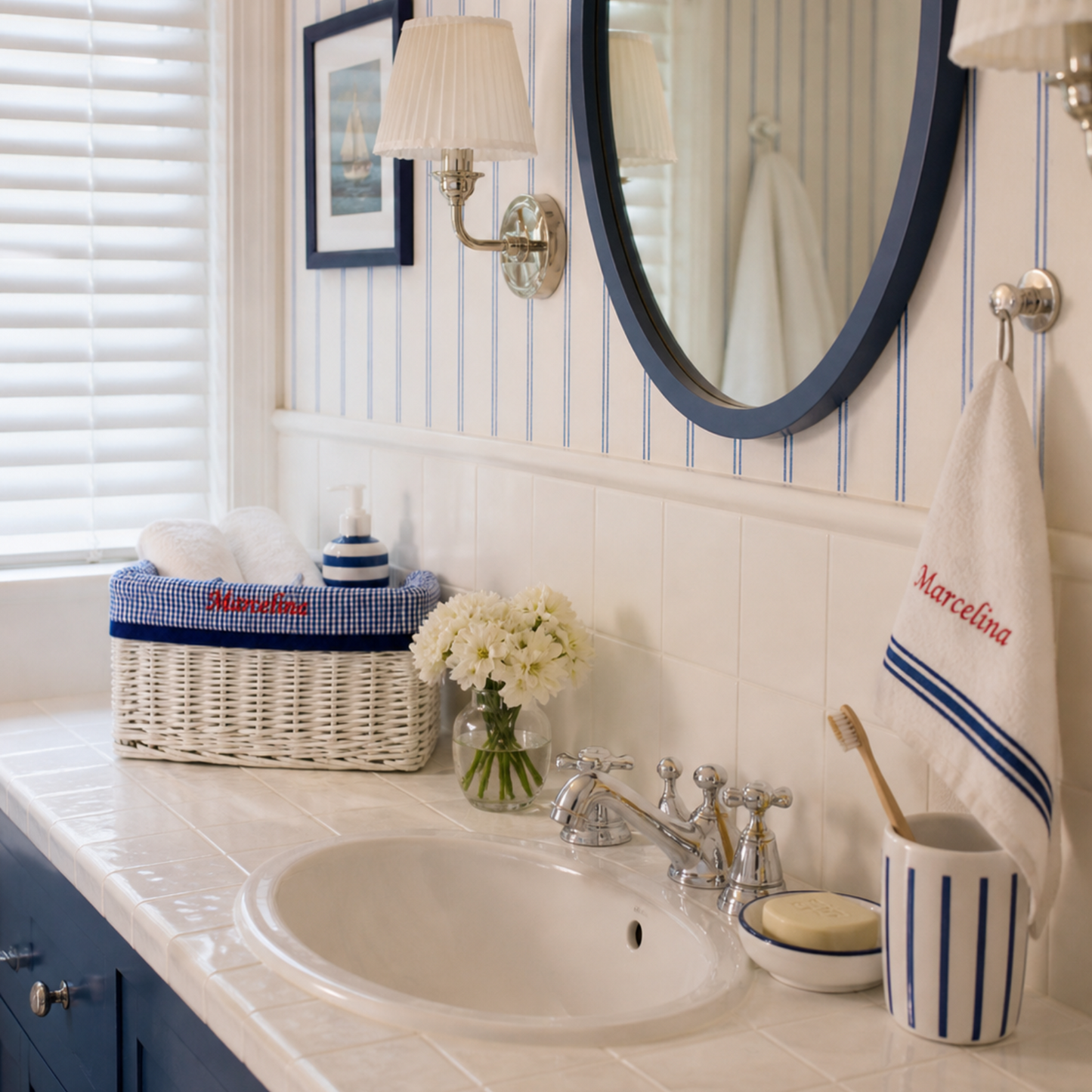 Novinus wicker organizer basket with navy trim TheWickerStories