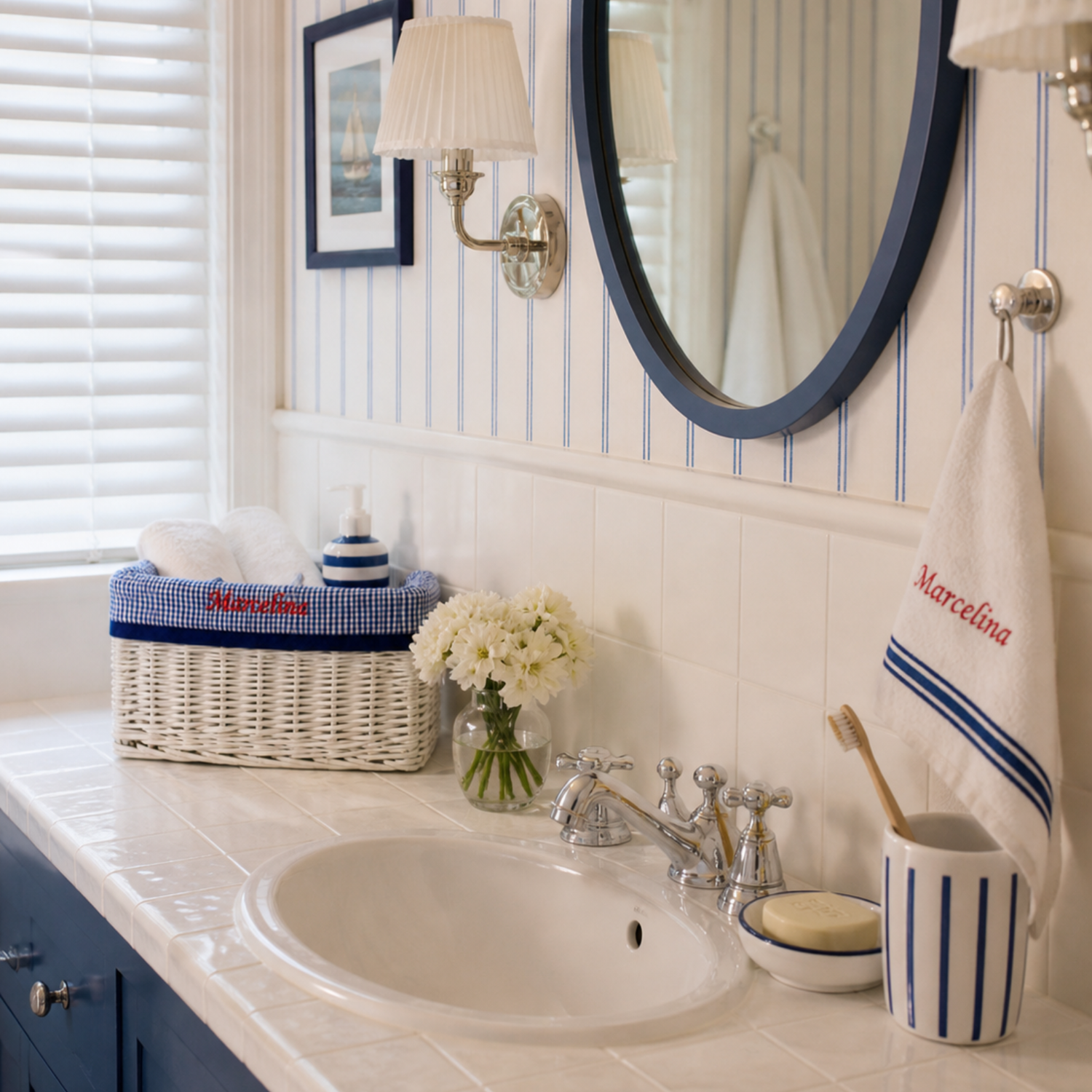 wicker organizer basket with navy trim
