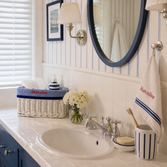 wicker organizer basket with navy trim