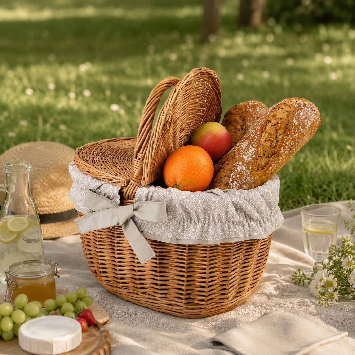 wicker picnic basket with beige trim, with lid and handle