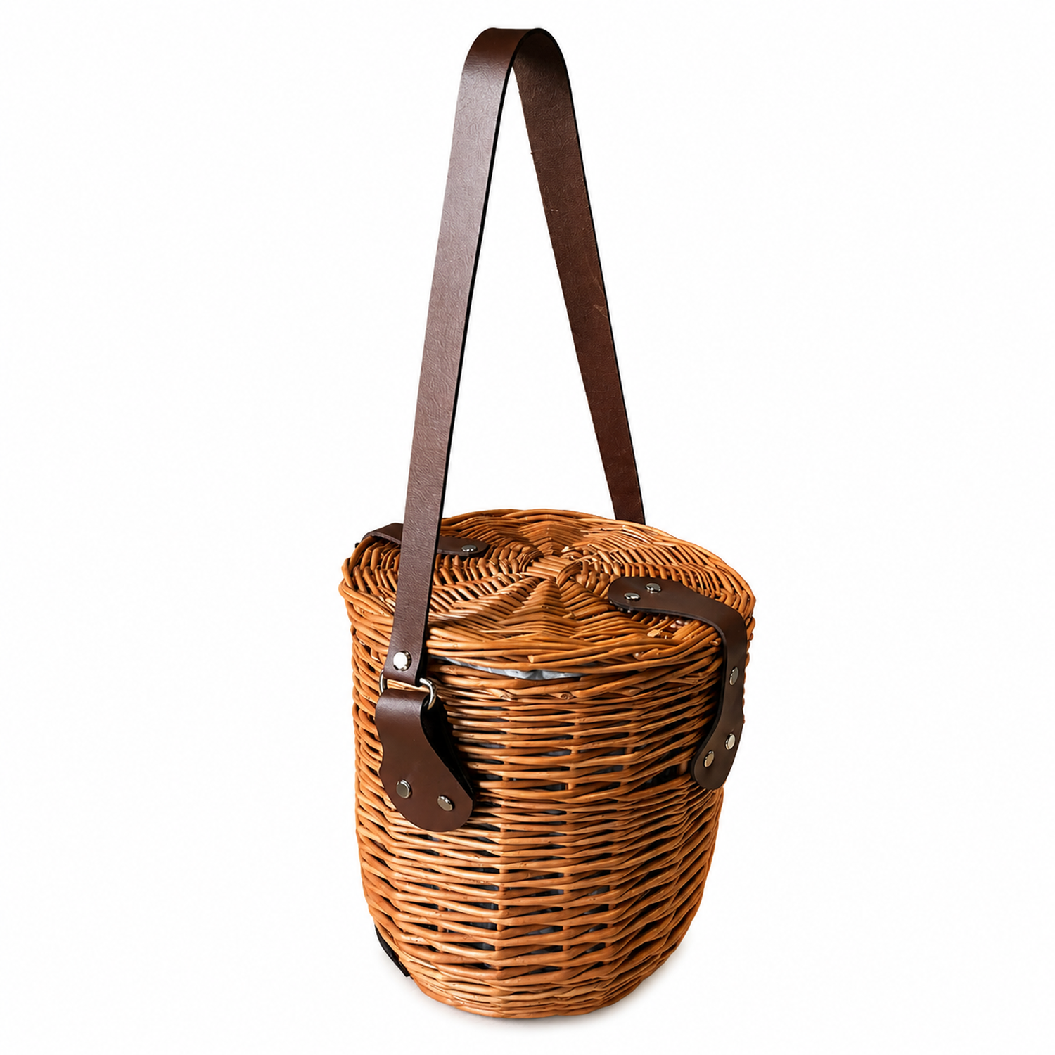 wicker shoulder basket with fabric lining, lid, and leather strap