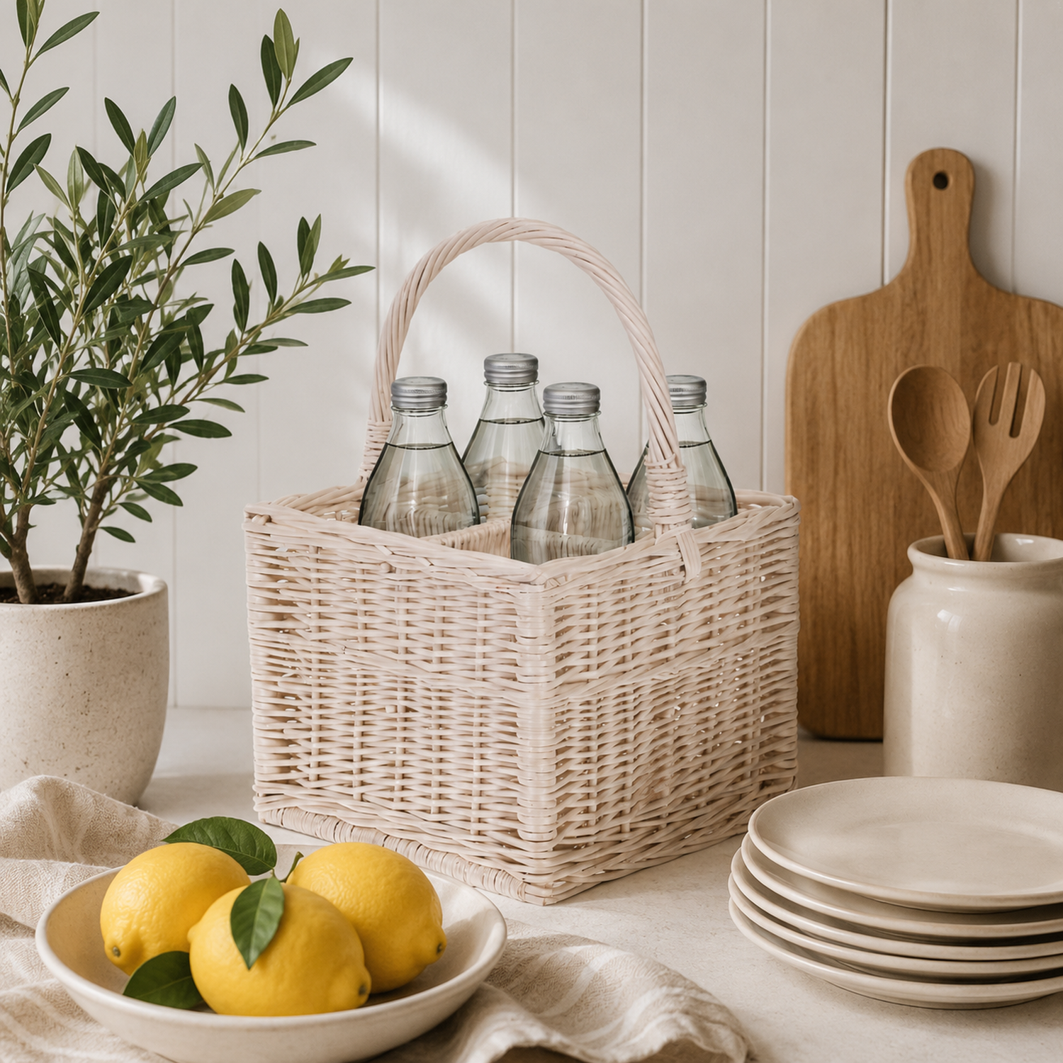 wicker bottle basket with compartments and handle