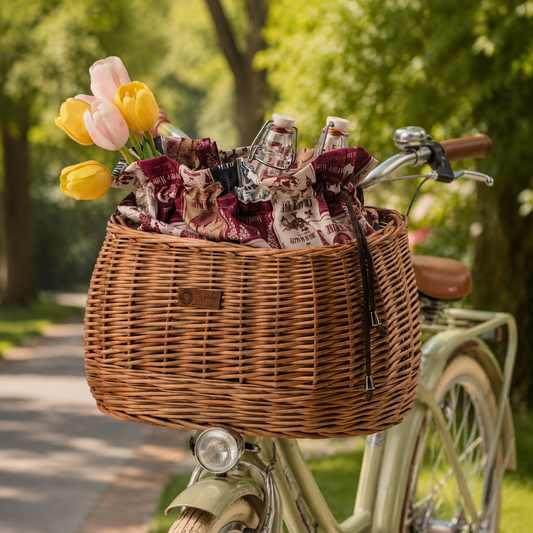 wicker bike basket with colorful trim, removable liner bag and leather straps