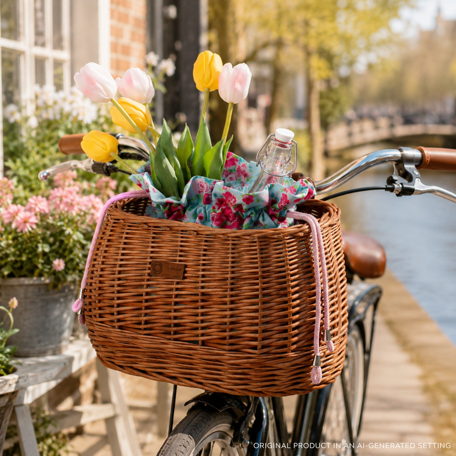 Fahrradkorb aus Weide mit rosa Einfassung