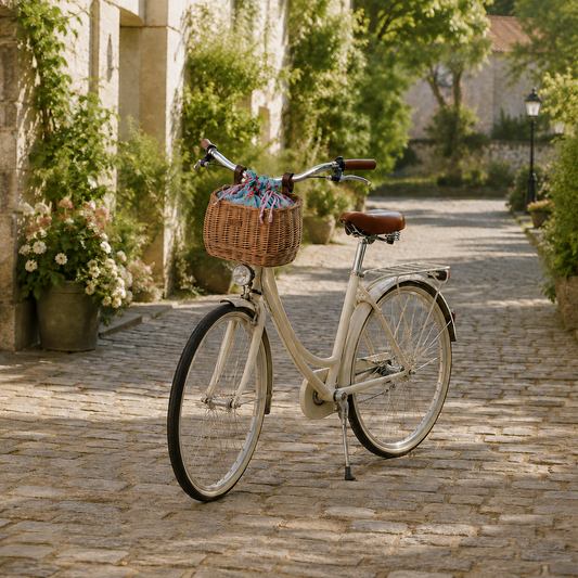wicker bike basket with colorful trim, removable drawstring liner and leather straps