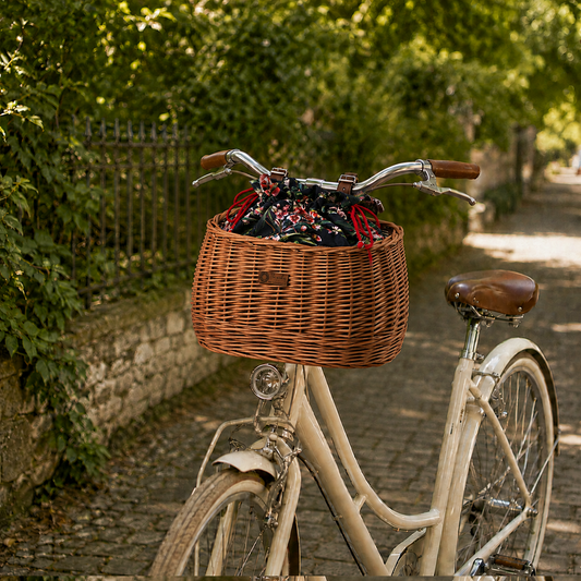 wicker bicycle basket with colorful trim, removable liner and leather straps