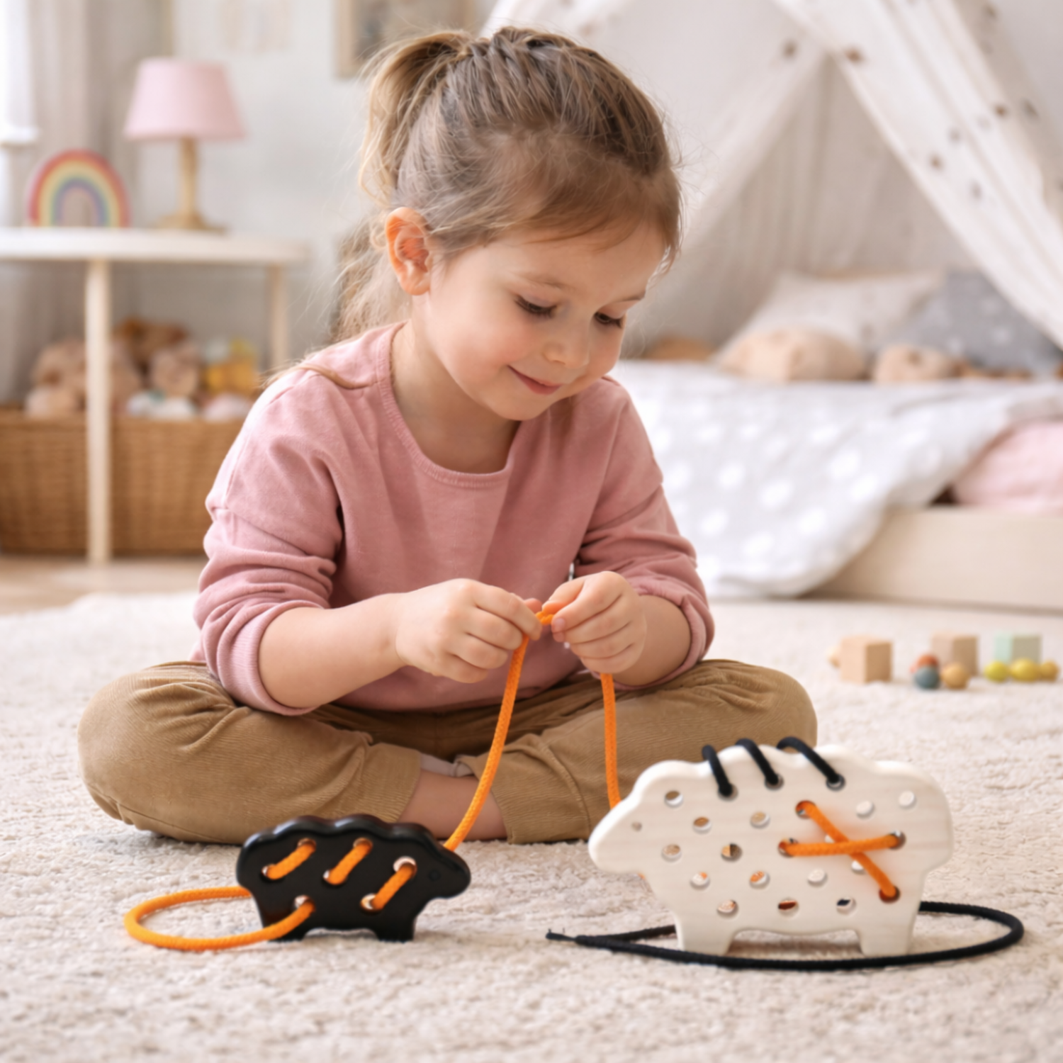 mouton en bois avec agneau - jouet pour enfants, artisanal en osier et bois, applique