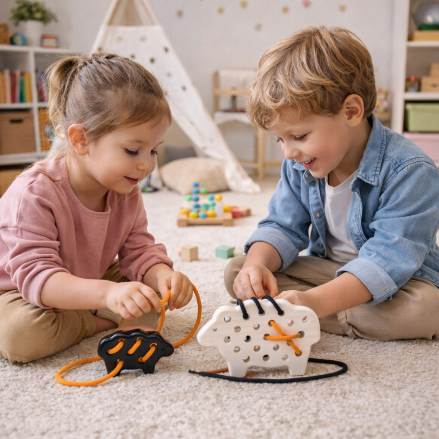 mouton en bois avec agneau - jouet pour enfants, artisanal en osier et bois, applique