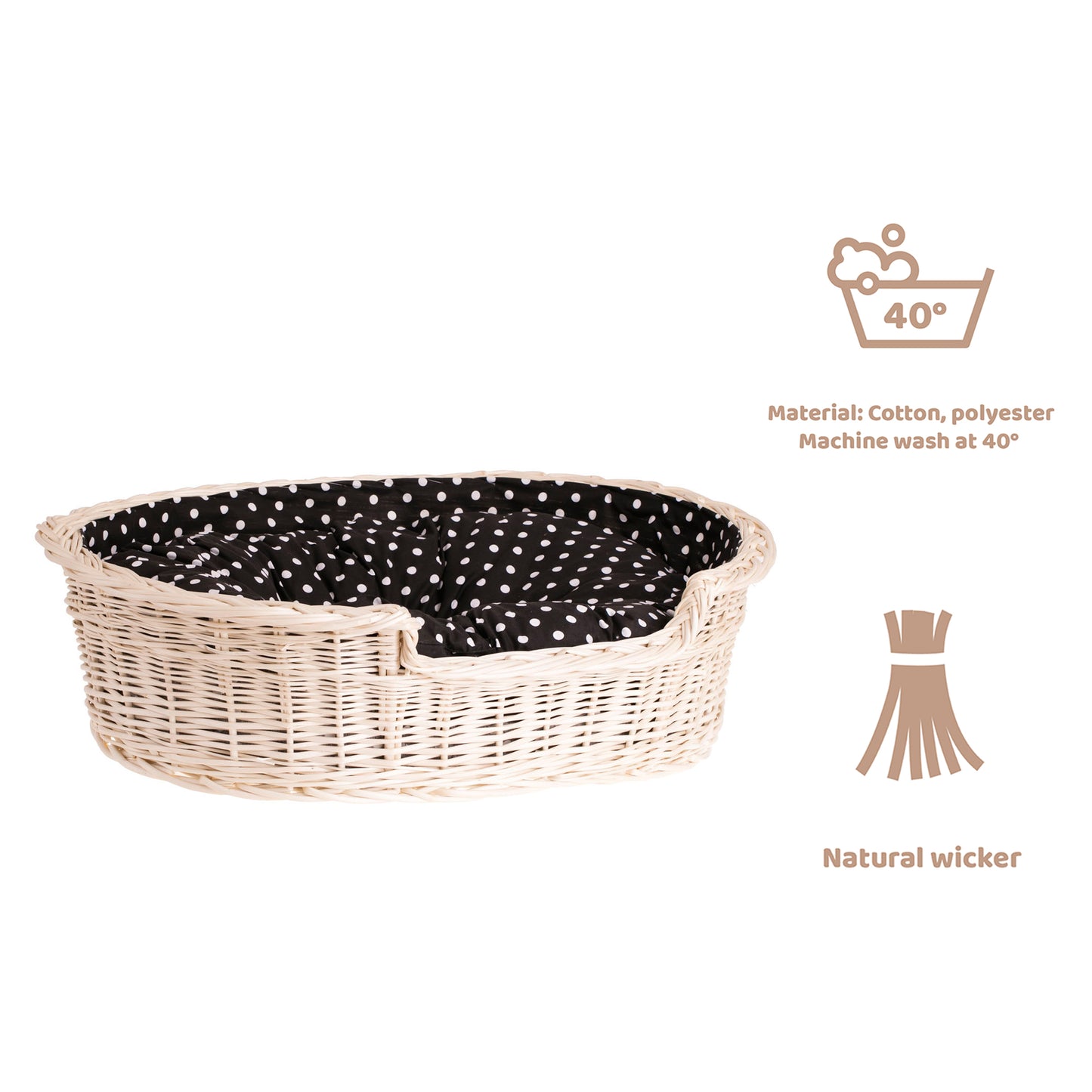 Esmira wicker pet basket for dogs and cats with black trim and cushion TheWickerStories