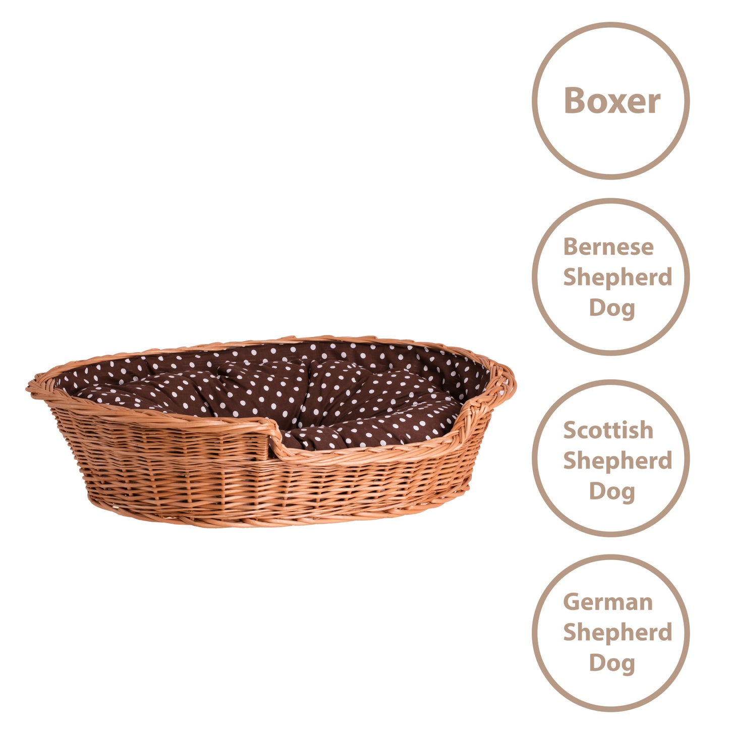 Esmira wicker pet bed for dogs and cats with brown cushion TheWickerStories