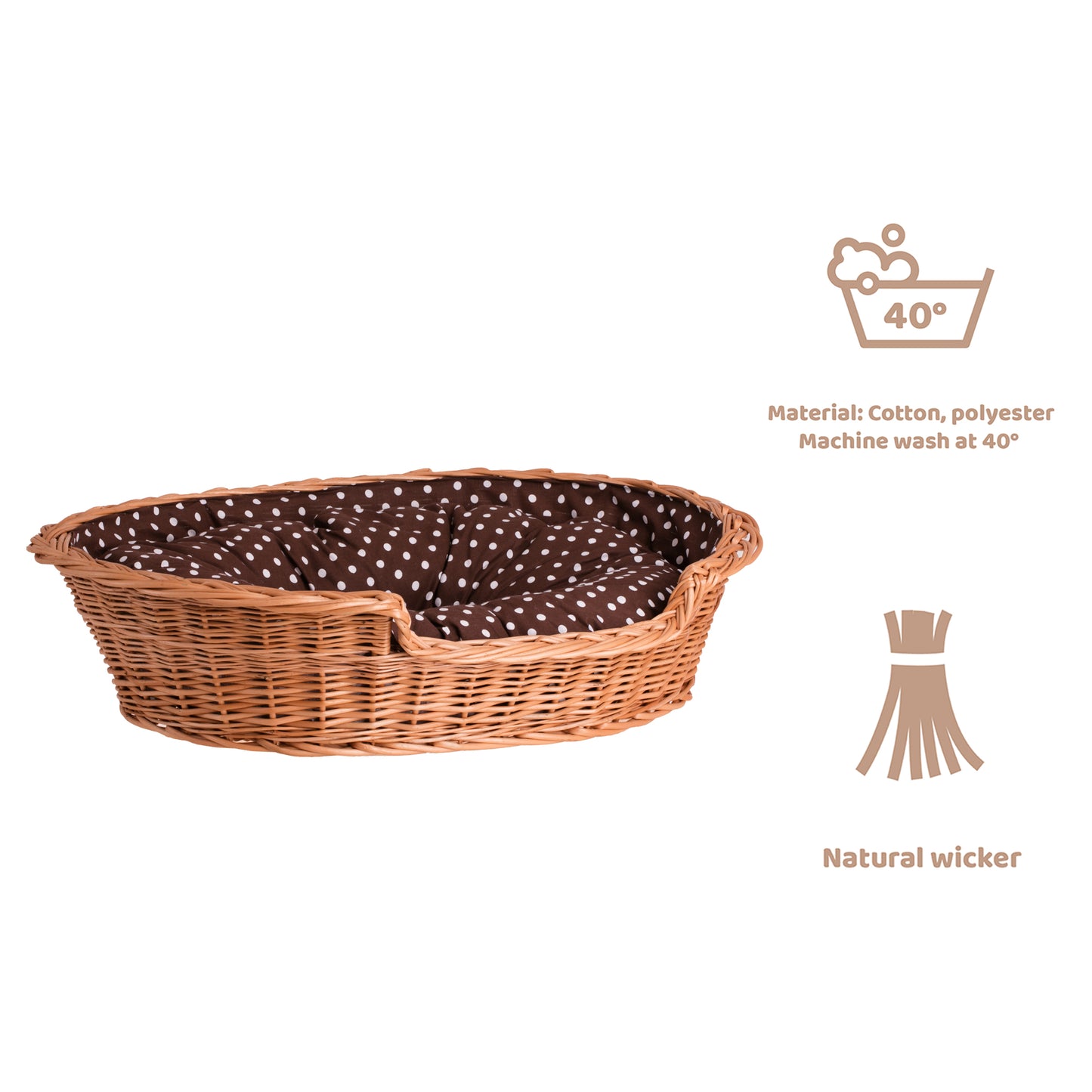 Esmira wicker pet bed for dogs and cats with brown cushion TheWickerStories