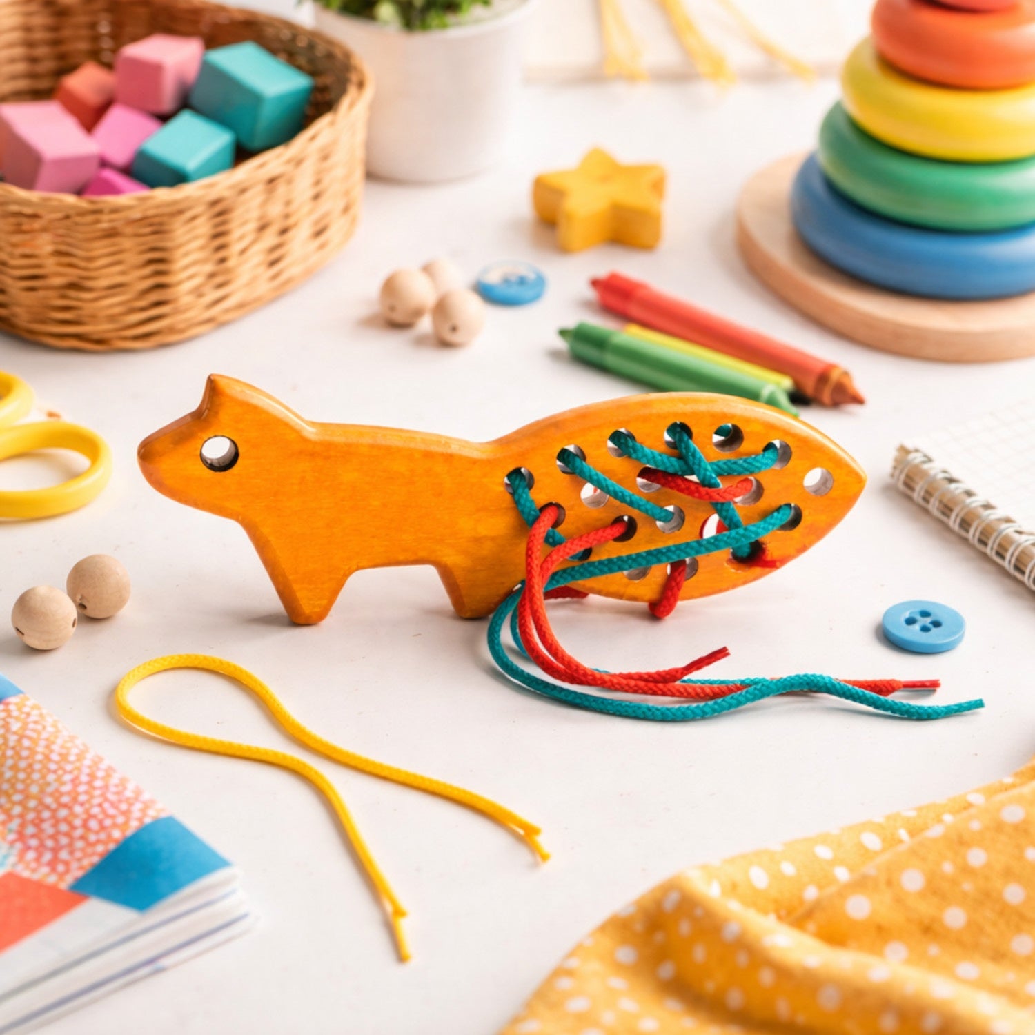 renard en bois - jouet pour enfants à lacer