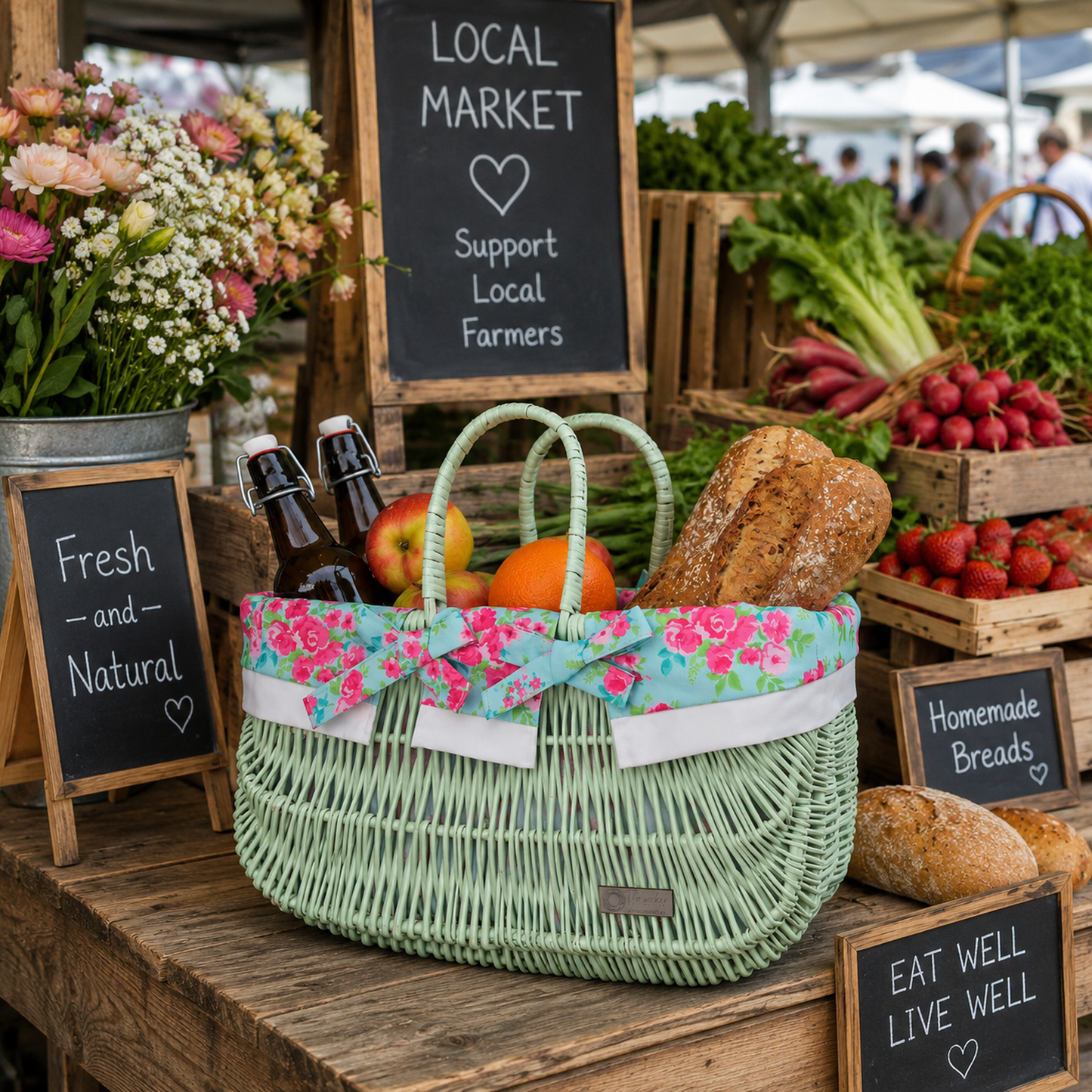 Werlissa wicker shopping basket with mint lining and handles TheWickerStories
