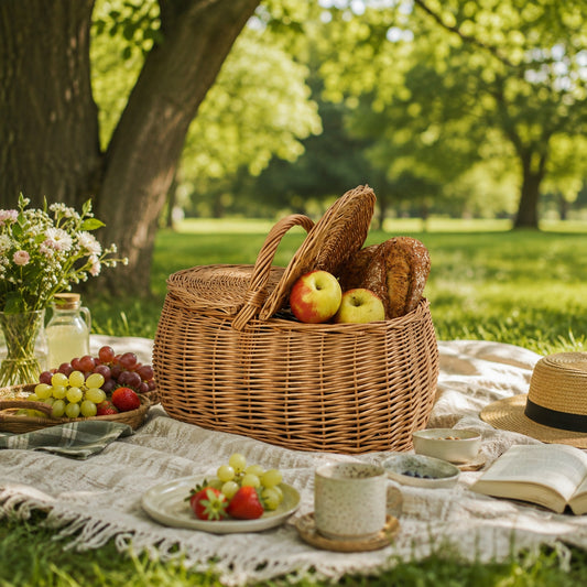wicker picnic basket with lid and handle