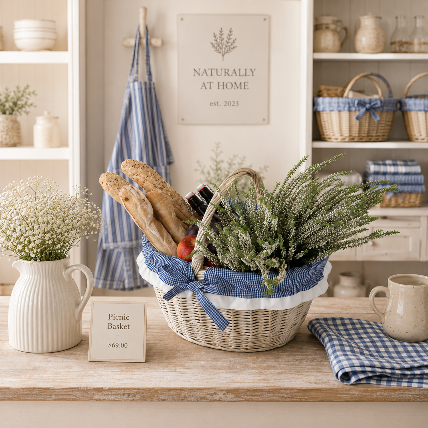 handgevlochten rieten boodschappenkorf met marineblauwe bies en handvat