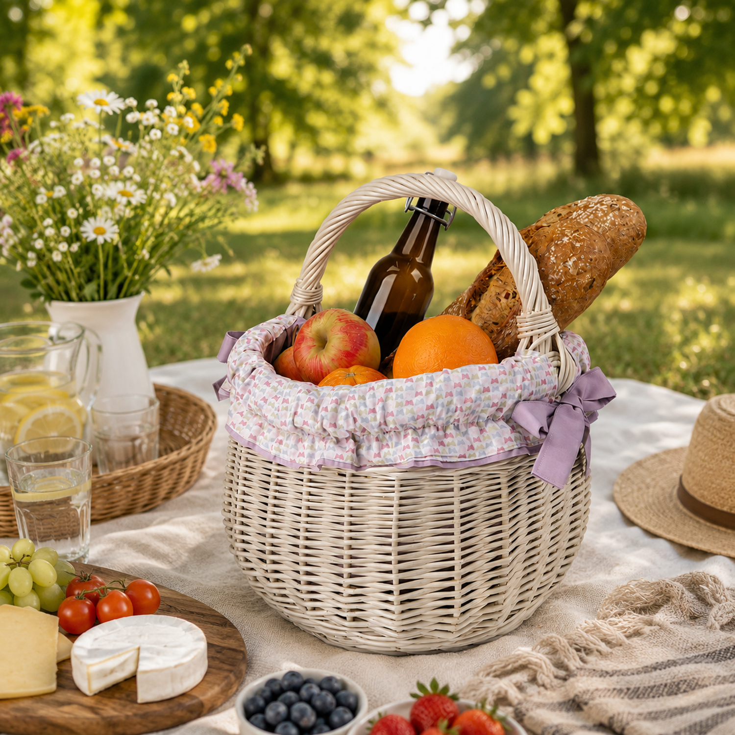 gevlochten boodschappenmand, picknickmand met paarse rand, met handvat