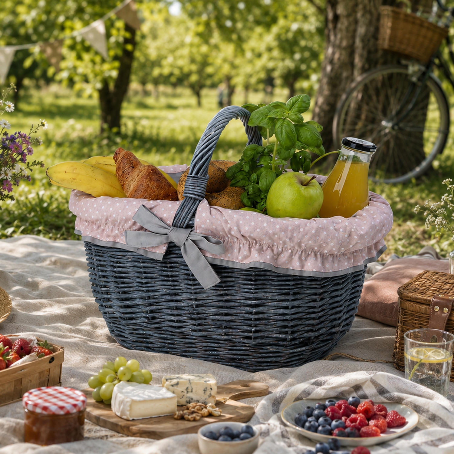wicker shopping basket with gray-pink trim and handle by