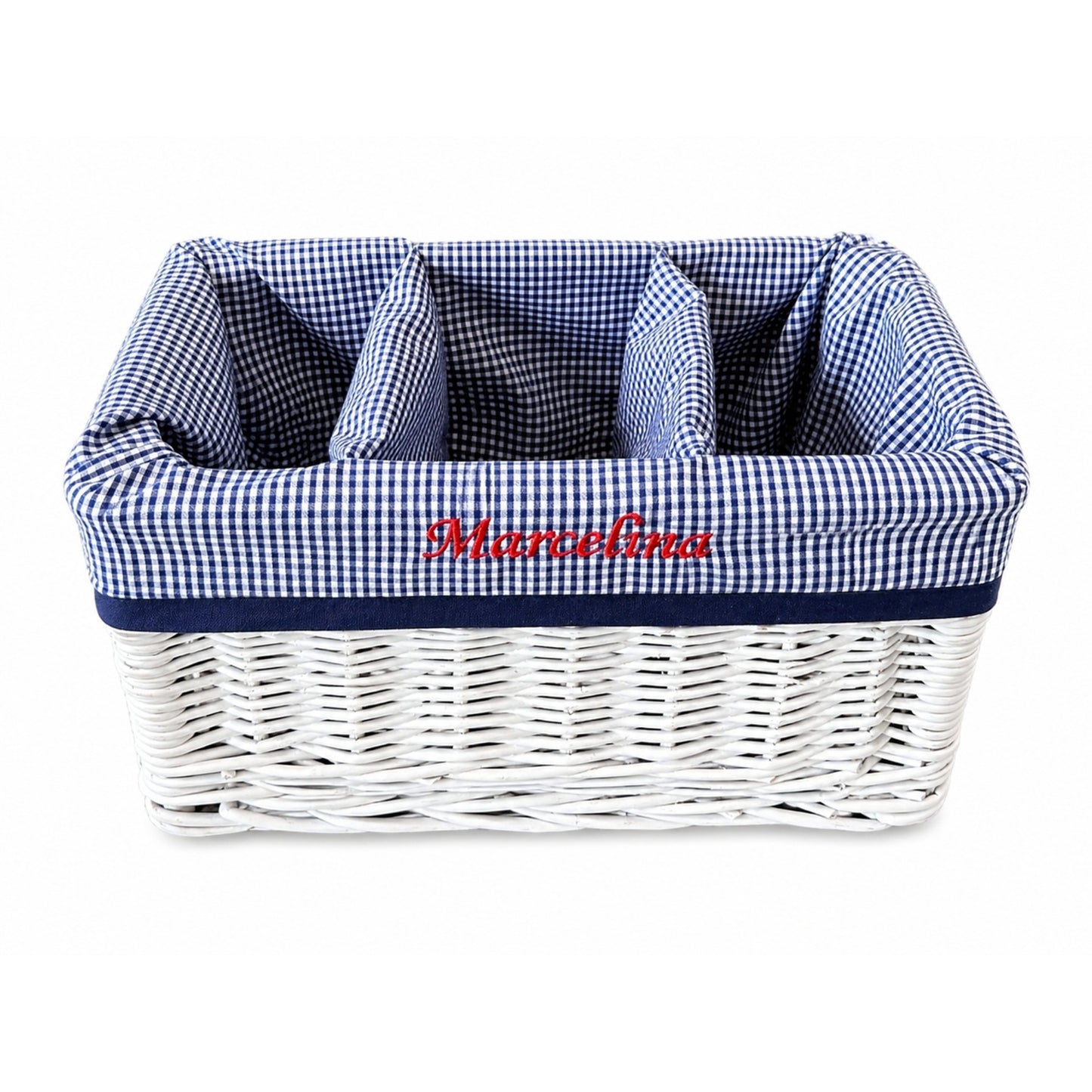 Novinus wicker organizer basket with navy trim TheWickerStories
