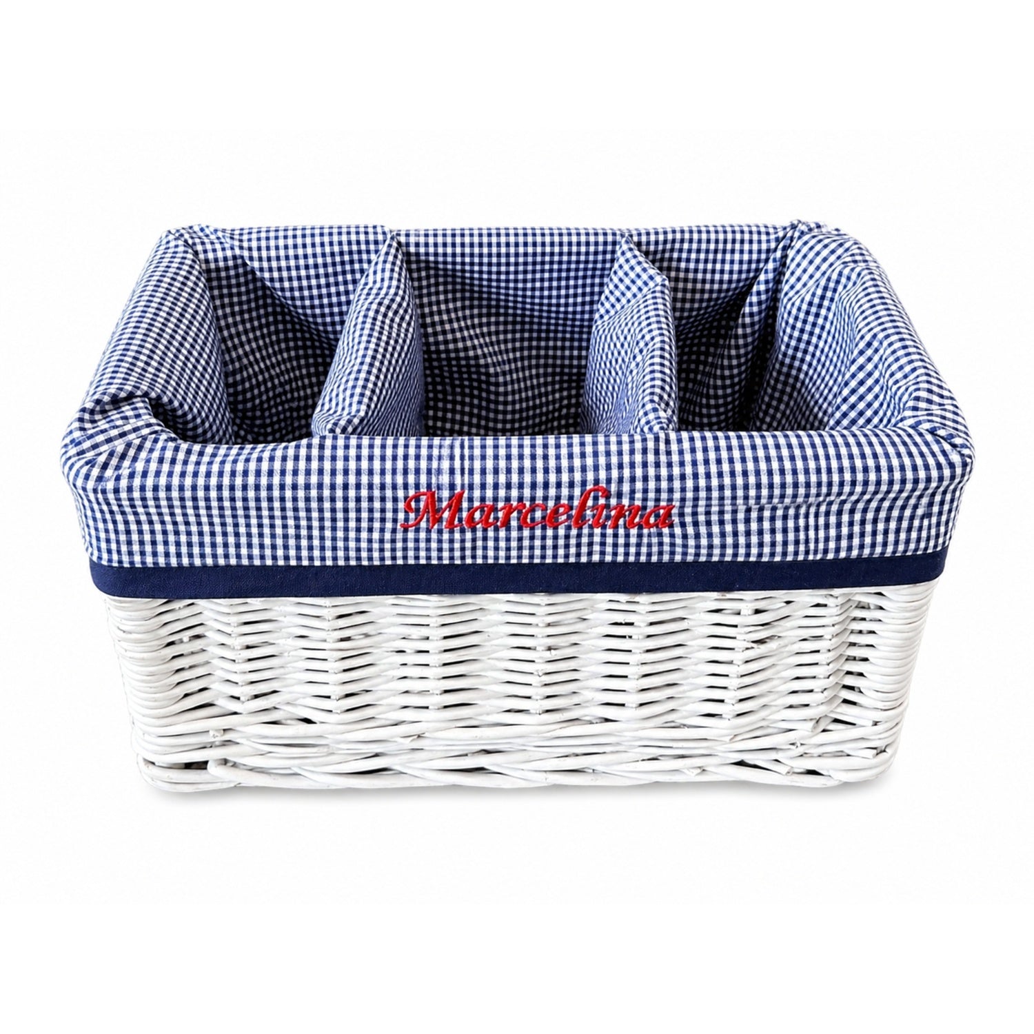 wicker organizer basket with navy trim