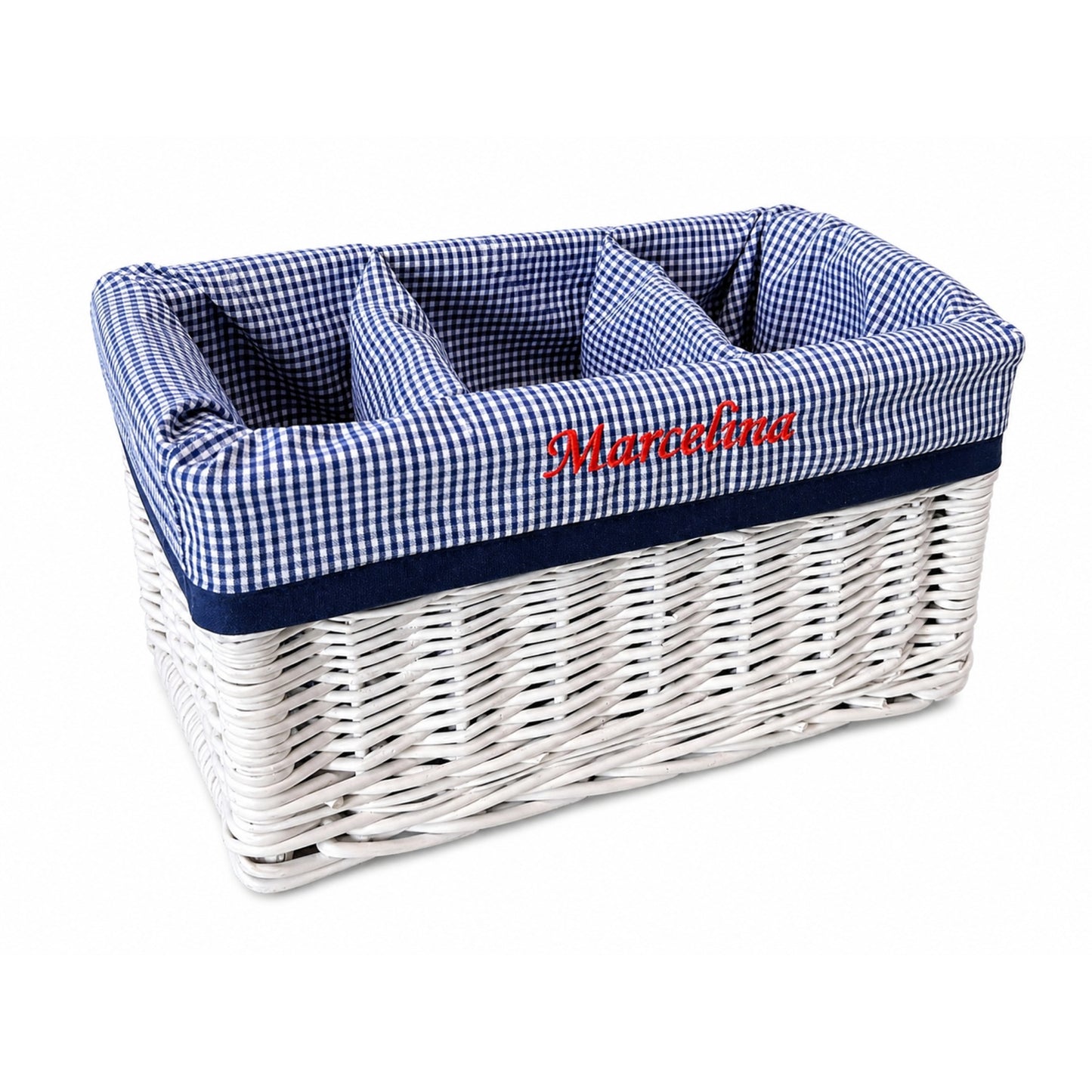Novinus wicker organizer basket with navy trim TheWickerStories