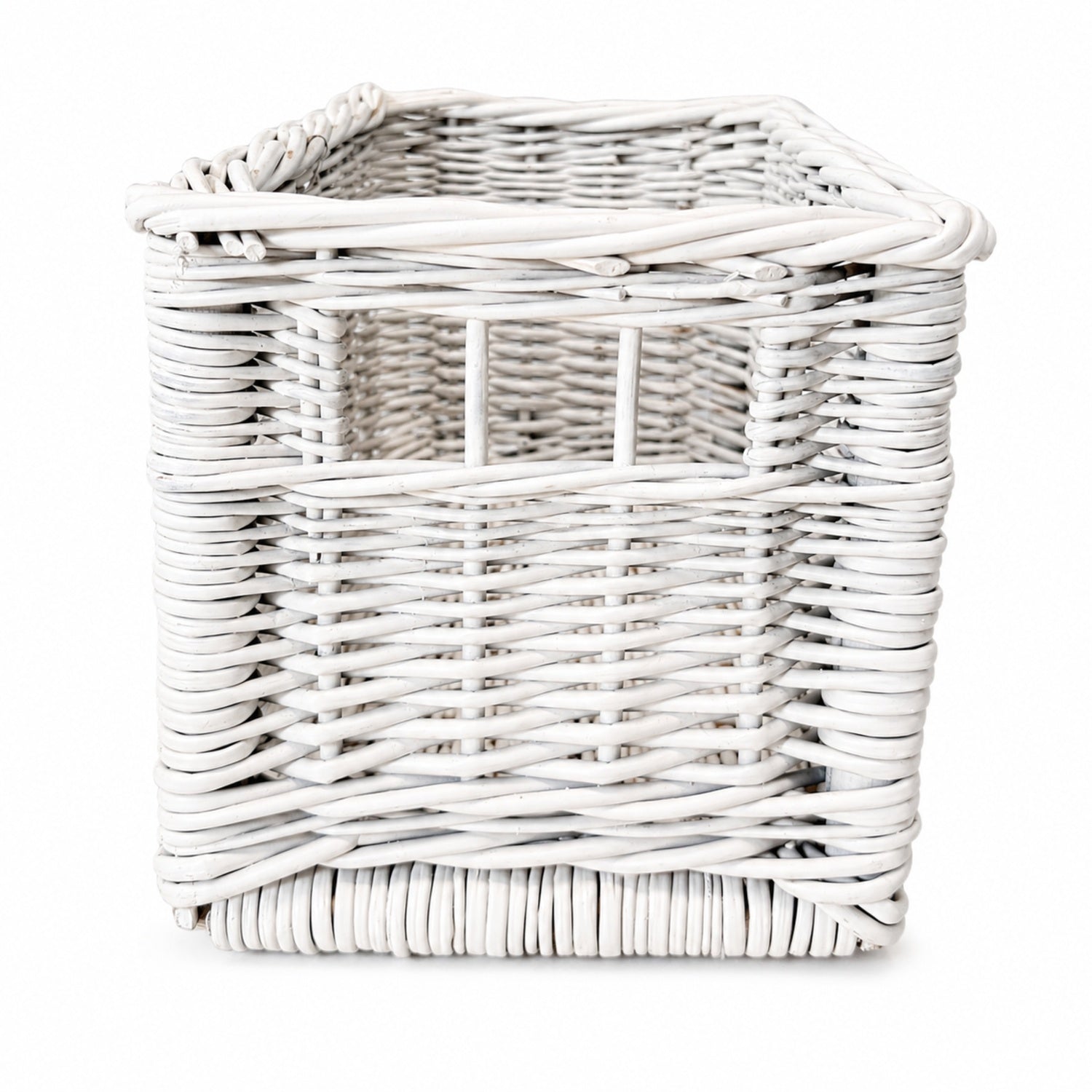 wicker organizer basket with navy trim