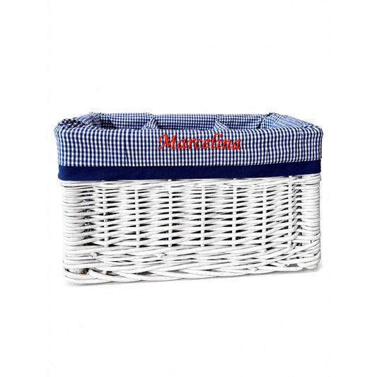wicker organizer basket with navy trim