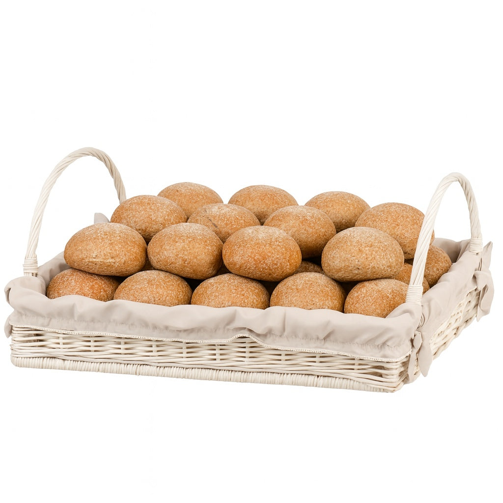 Allium wiklinowy kosz do serwowania z kremowym obszyciem, z uchwytami TheWickerStories