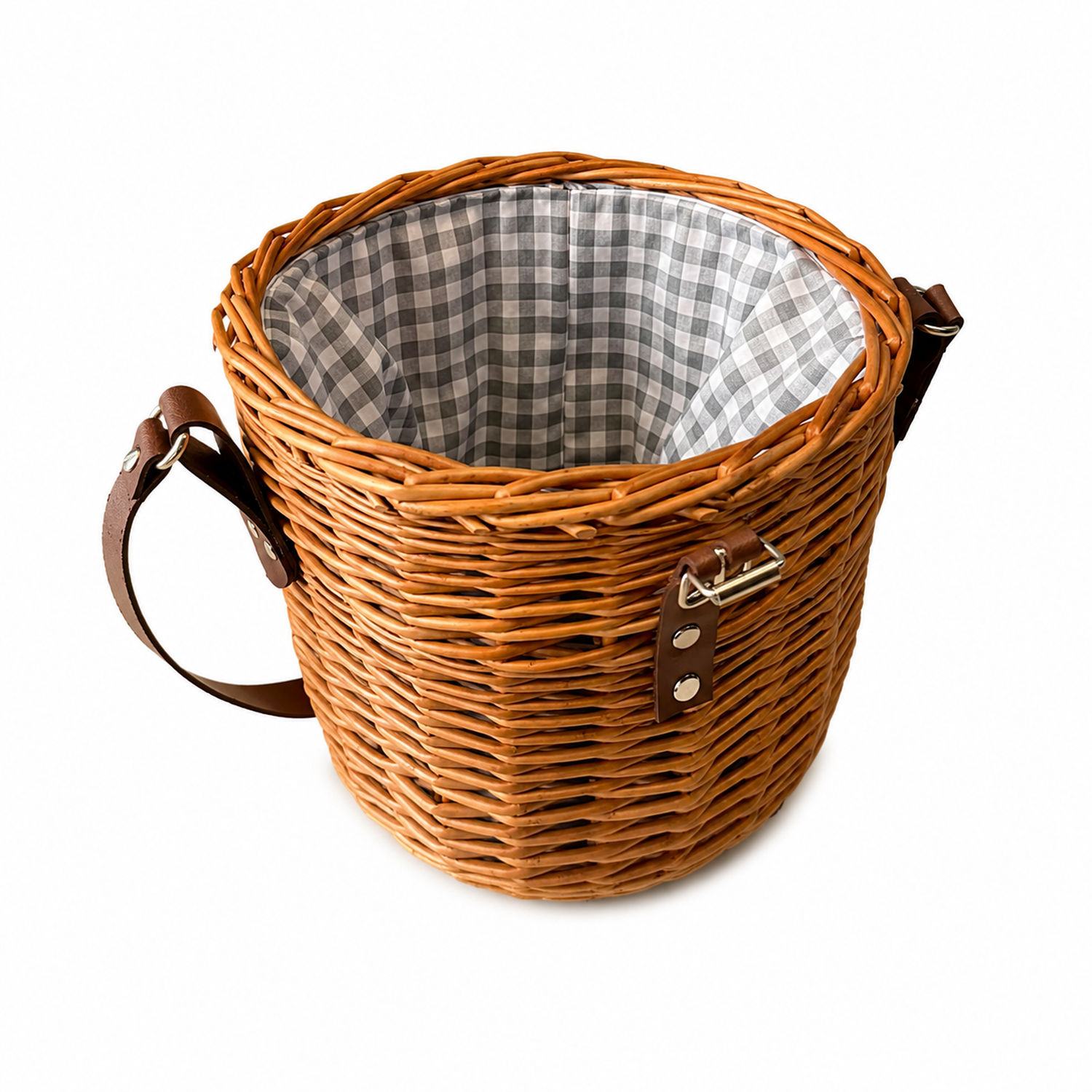 wicker shoulder basket with fabric lining, lid, and leather strap
