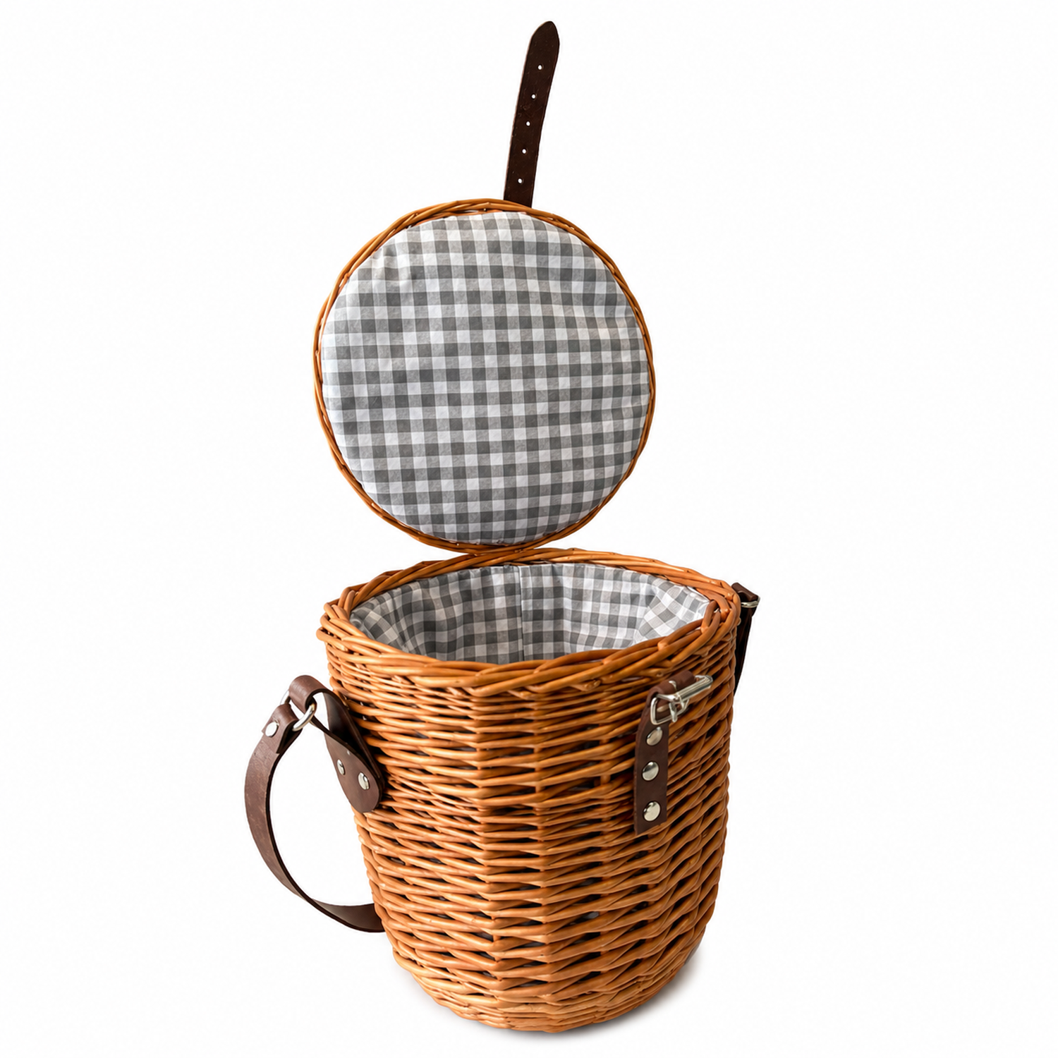 wicker shoulder basket with fabric lining, lid, and leather strap