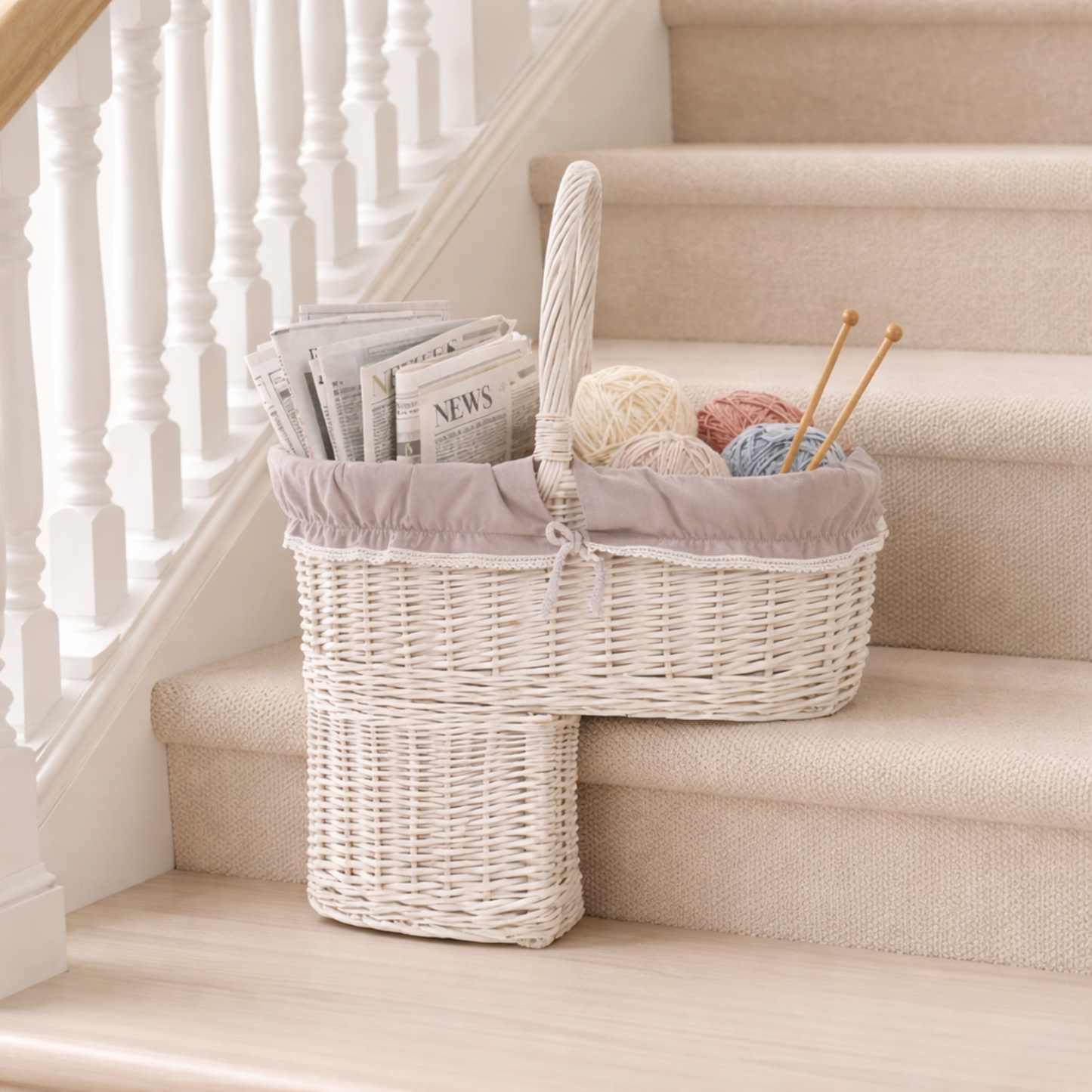 Ovis wicker stair basket with beige lining TheWickerStories