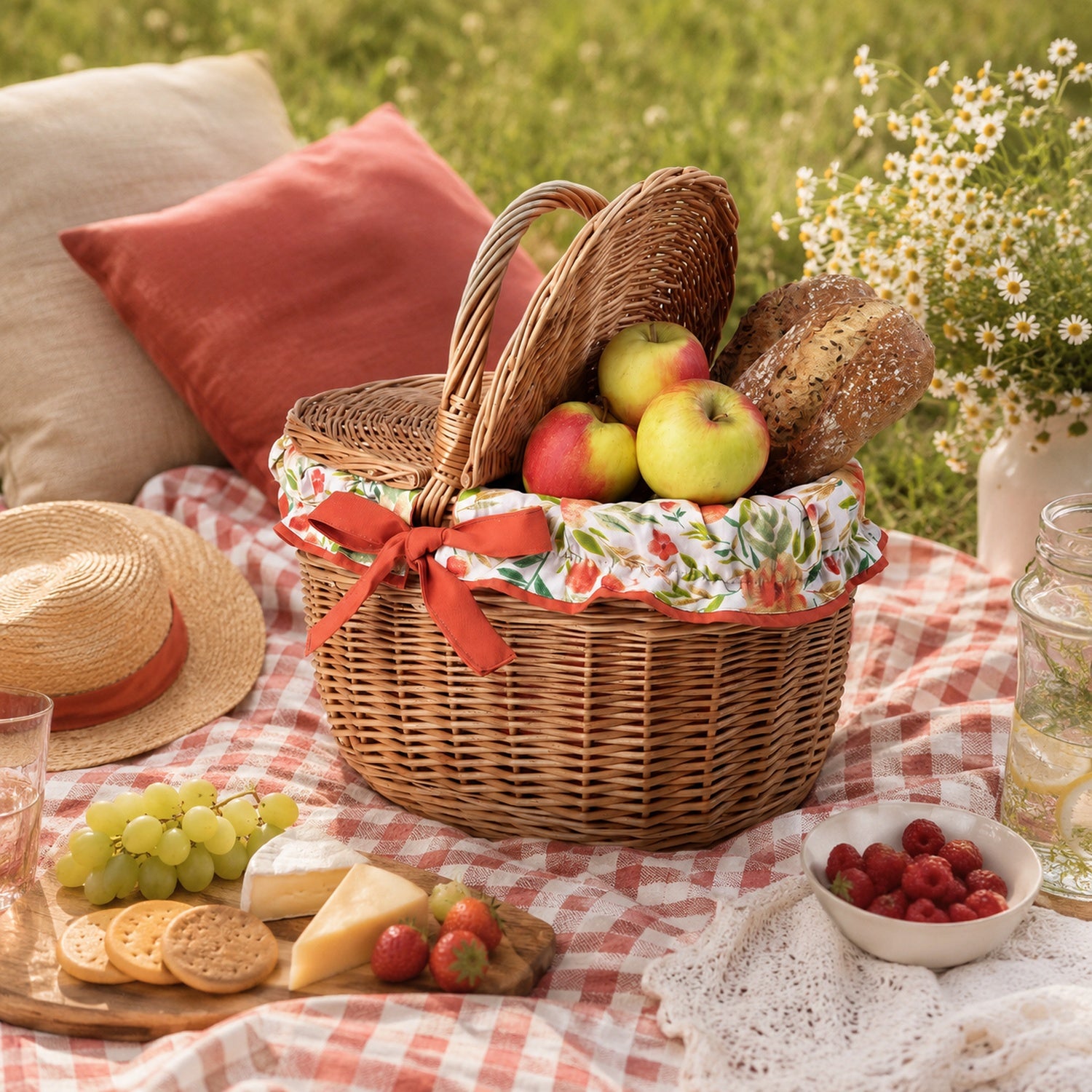 wicker picnic basket with orange trim, with lid and handle