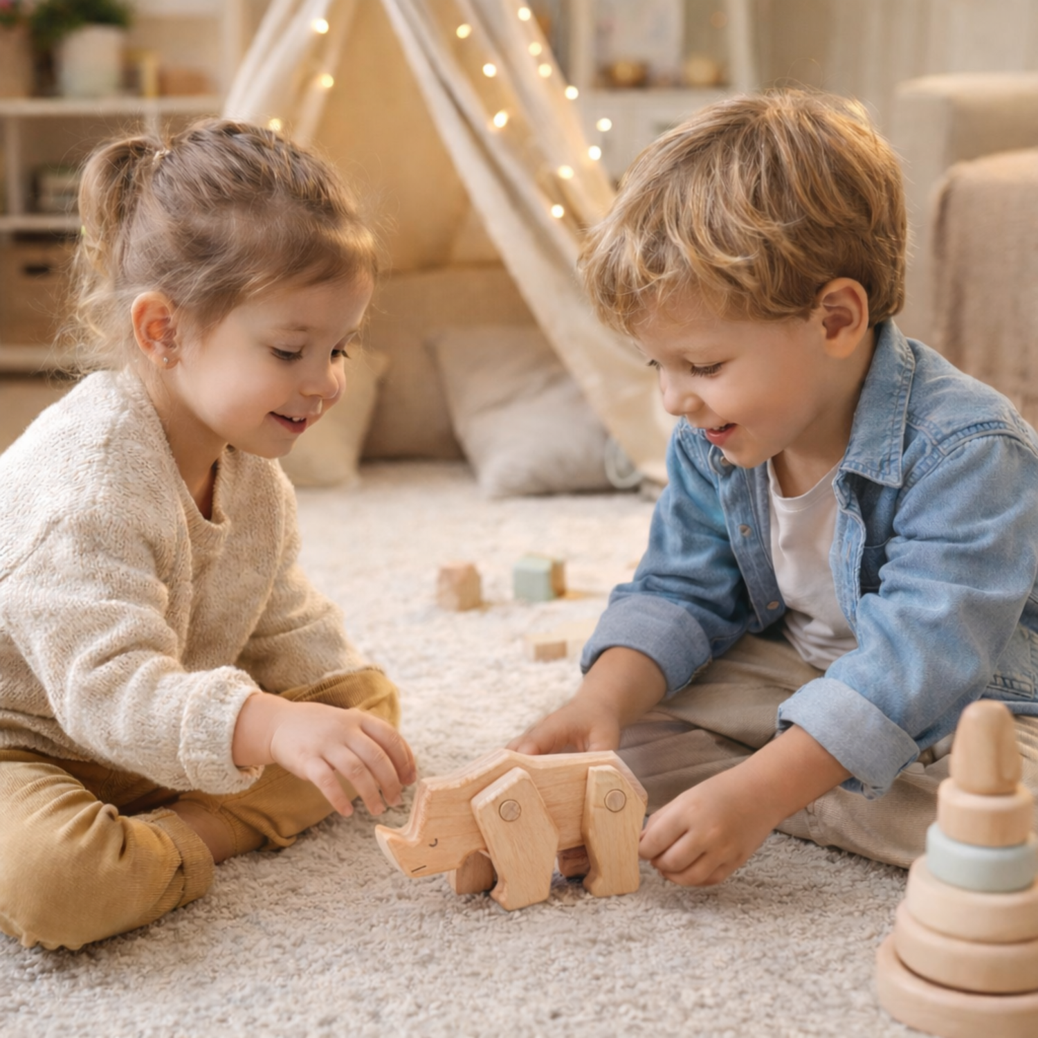 wooden rhinoceros – animal figurine with movable legs