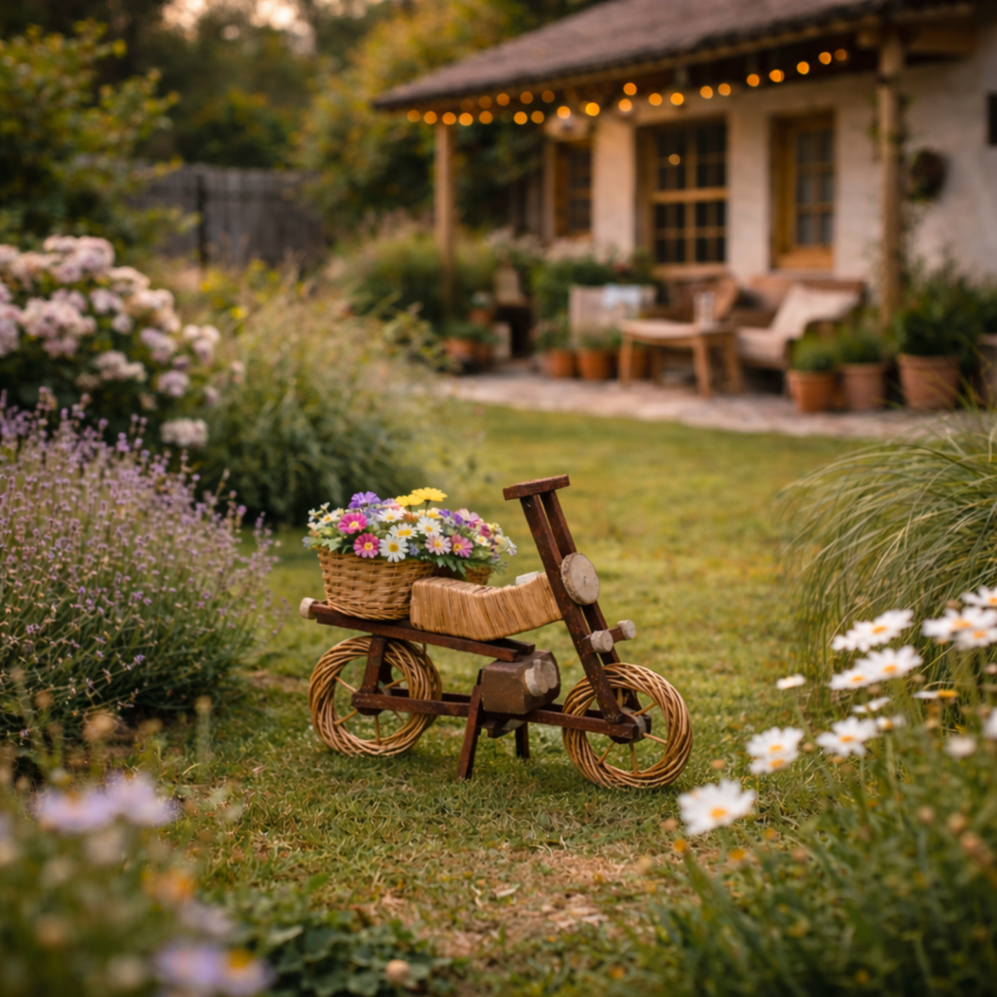 Lignum dekorativ figur i rotting med kruka för trädgården TheWickerStories