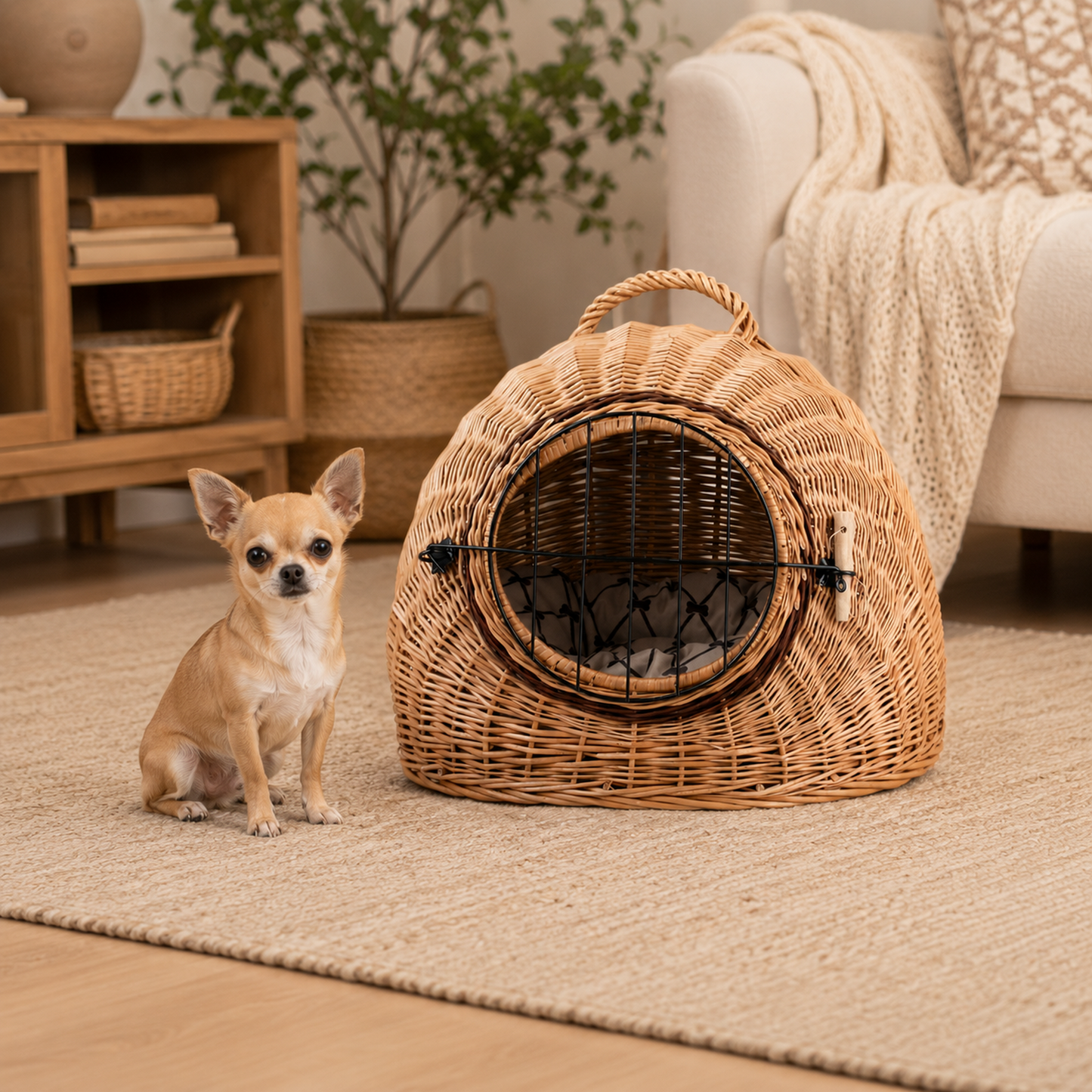Tactus wicker cat house with cushion, carrying handle and metal doors TheWickerStories