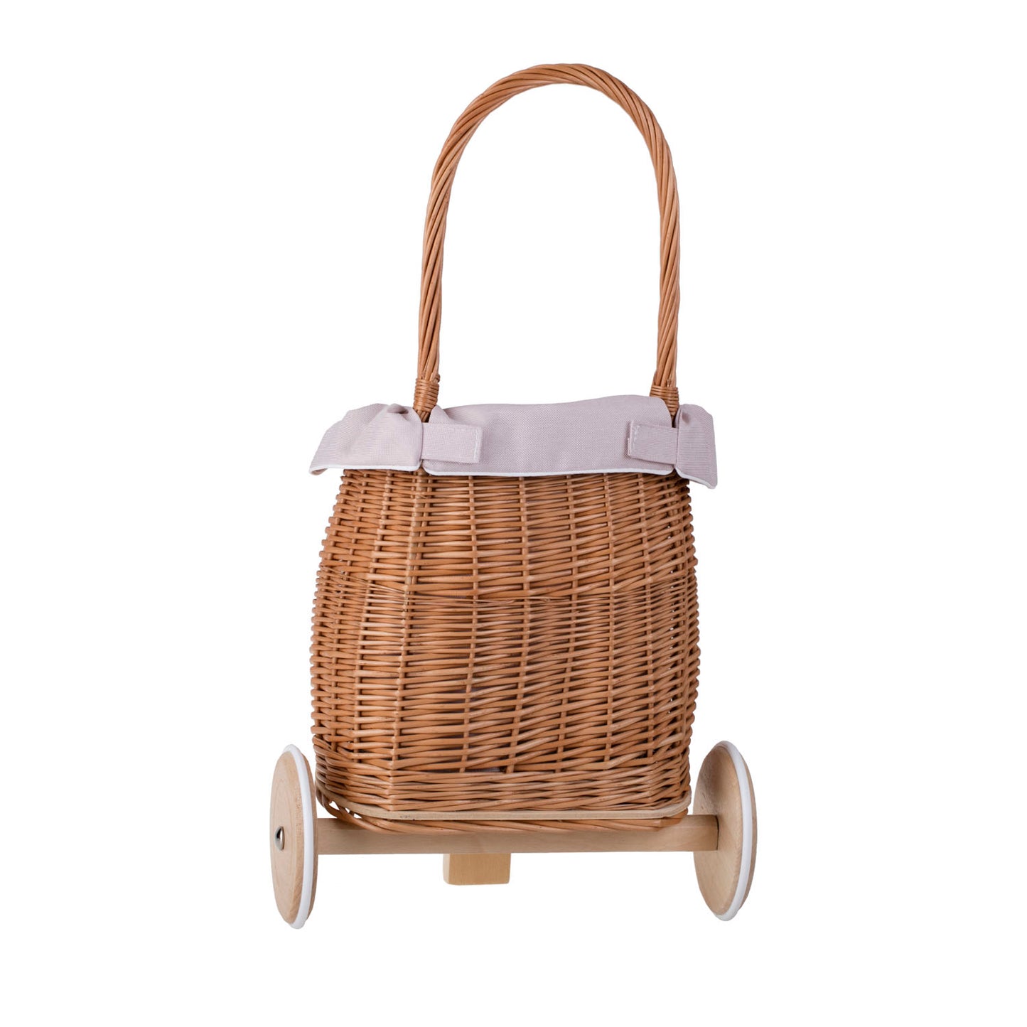 Luke Kinderwagen aus Weide mit rosa Besatz, Griff und Holzrädern.