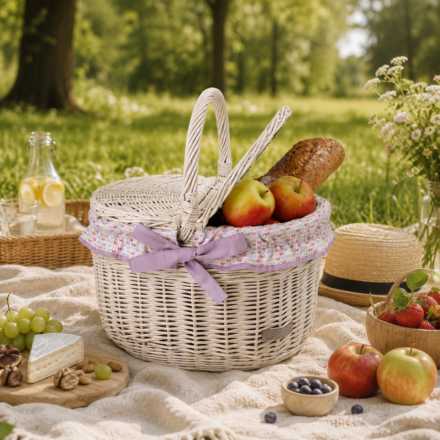 wicker picnic basket with purple trim, with lid and handle