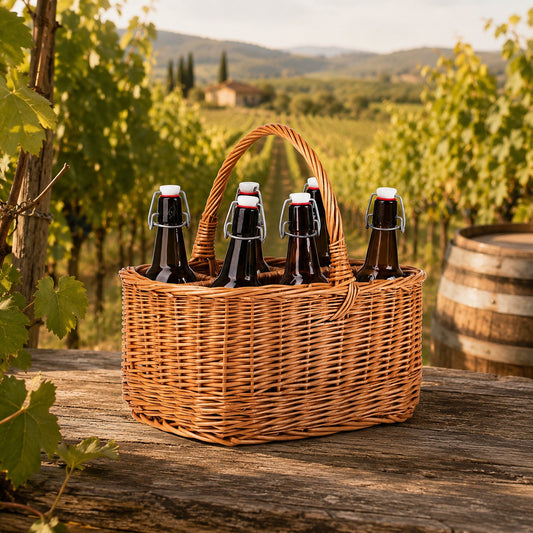 wicker basket for bottles with compartments and handle
