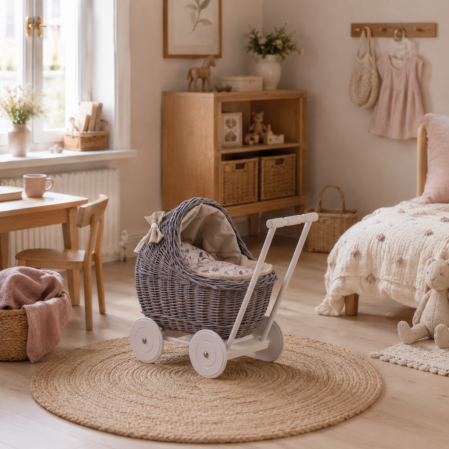 wicker doll stroller with beige trim, blanket, and pillow
