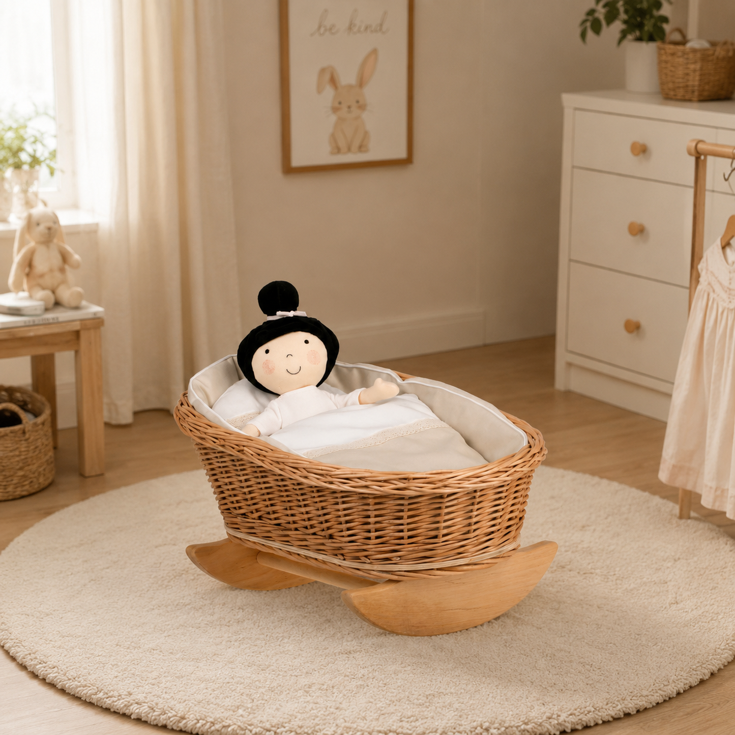 Mimi culla in vimini per bambole con fodera beige, cuscino e piumone TheWickerStories