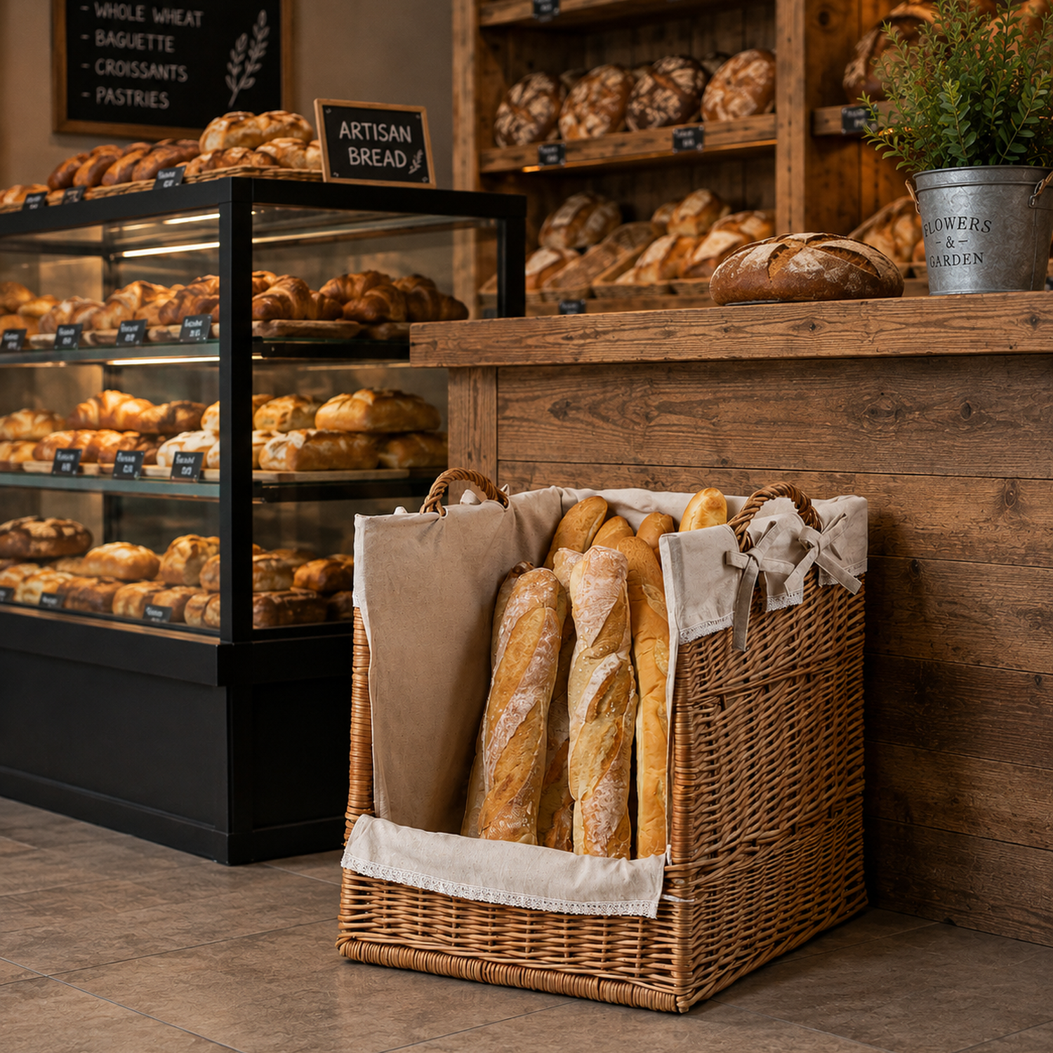 wicker display basket, baguette stand, bread display with trim