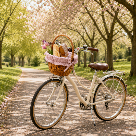 fletkurv til cykel med pink kant, læderstropper og håndtag
